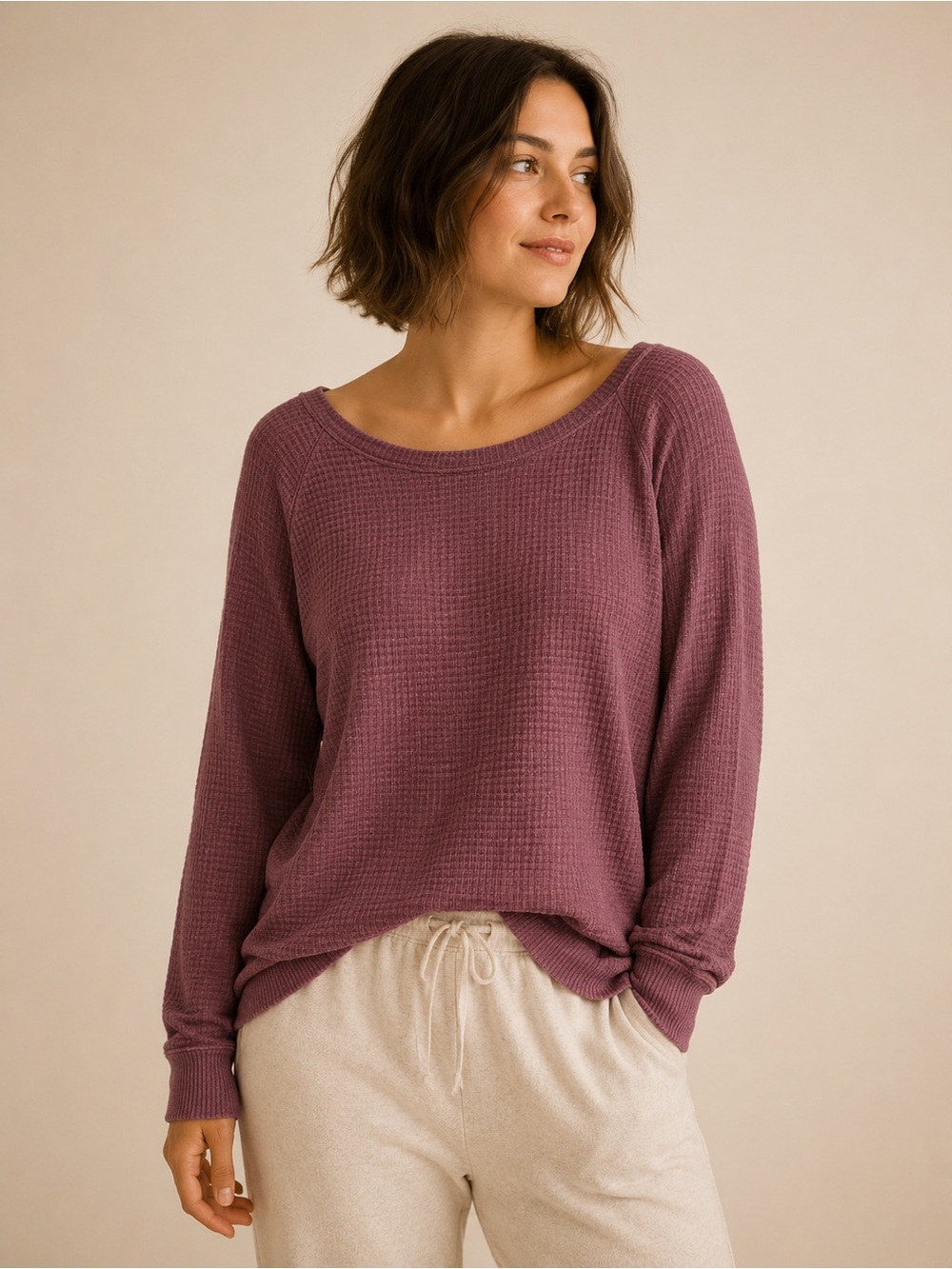 Maurices Waffle Knit Long Sleeve Top in Mauve